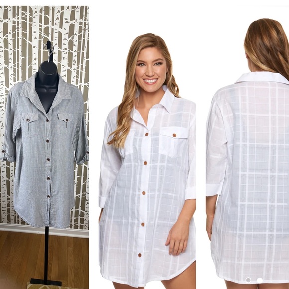 Dotti On Island Time Button Up Cover Up Shirt Dress gray white vertical stripe L - Picture 1 of 14